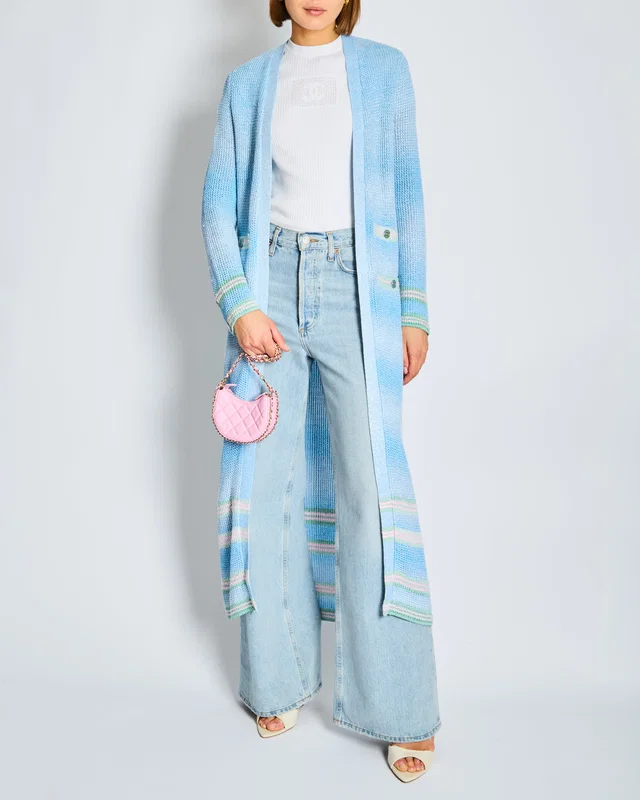 Chanel 23/S Blue Long-line Striped Knitted Cardigan with Green and Pink Trim and CC Button Detail… in Blue from Sellier