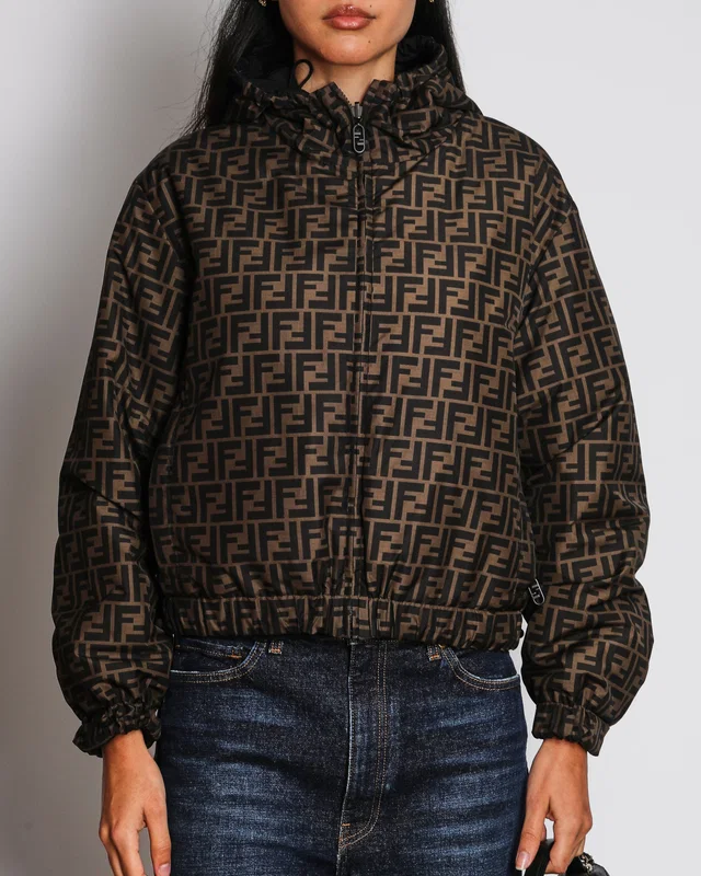 Fendi Brown Reversible FF Logo Print Cropped Puffer Jacket with Drawstring Hood Size S (UK 8) in Brown from Sellier