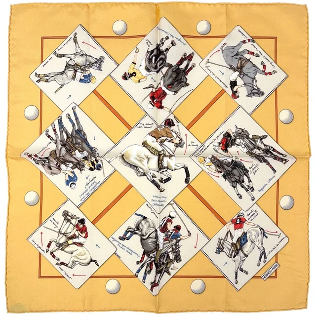 Hermès Petit Carre le Monde du Polo World Scarf Silk Yellow Multicolor in Yellow Silk from The Reluxe