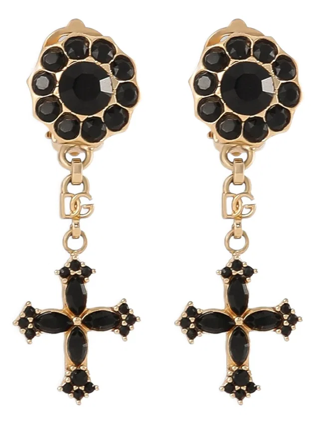 Dolce & Gabbana Black Crystal Cross Pendant Earrings in Black Woven leather from HEWI