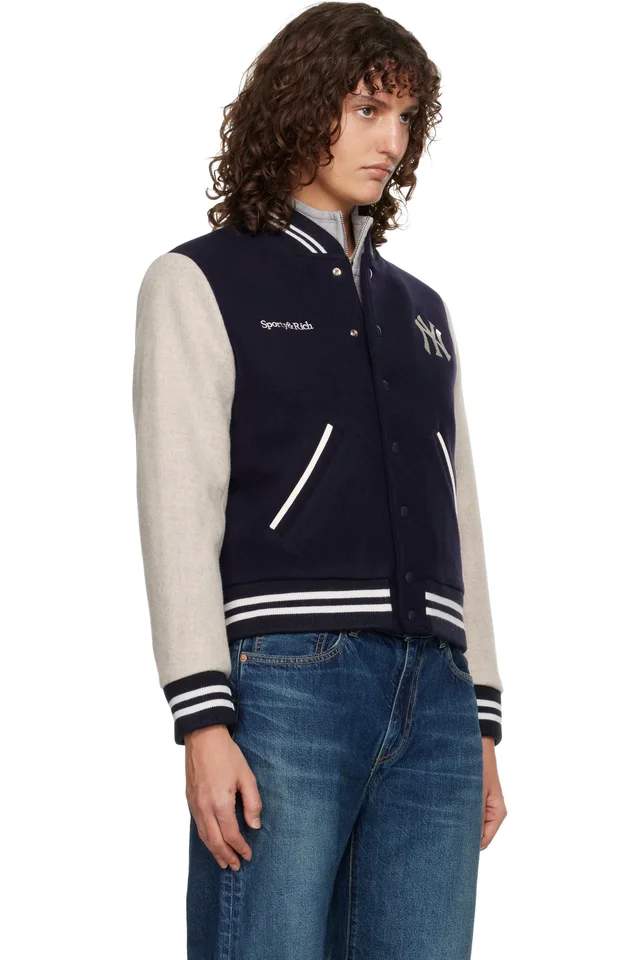 Sporty & Rich Navy & Beige Yankees Curve Wool Varsity Jacket, photo 2 of 4 from SSENSE