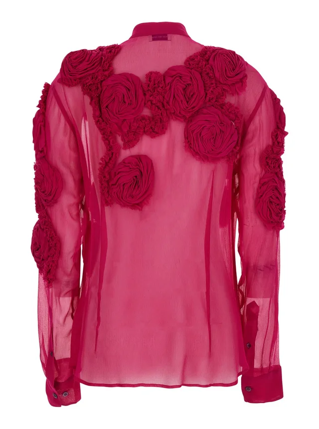 DRIES VAN NOTEN Fuchsia Shirt with Mandarin Collar and 3D Floral Embroidery All-Over in Silk for Women, photo 4 of 6 from Gaudenzi Boutique