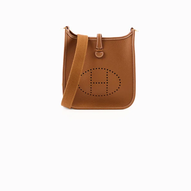 Hermès Mini Evelyn Clemence Gold W Stamp in Gold Clemence leather from The Purse Affair