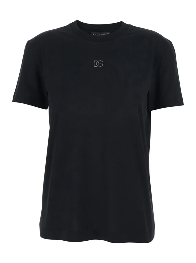 Black T-Shirt with Logo Embroidery and Beads on the Front in Cotton for Women in Black, image 1 of 1 from Gaudenzi Boutique