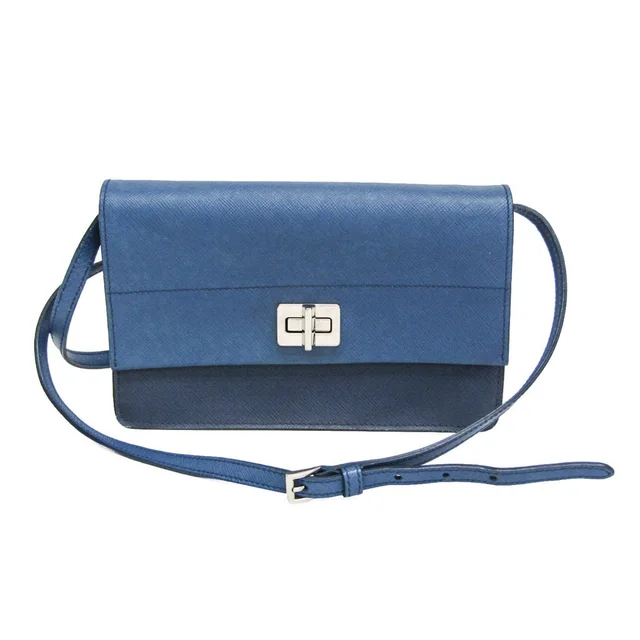 Prada Saffiano BT1020 Women's Leather Chain/Shoulder Wallet Blue in Blue Leather from Elady
