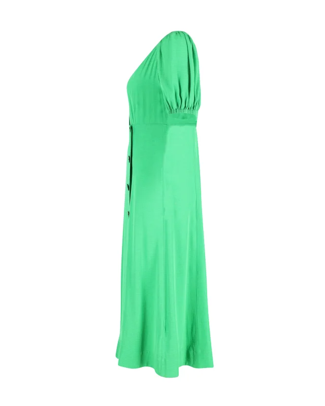 GANNI Puff Sleeve Midi Wrap Dress in Green Viscose in Green, photo 2 of 3 from ShopSimon