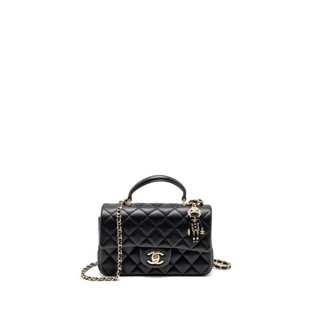 Chanel Top Handle Mini Rectangular with Detailed Charm Lambskin Black LGHW (Microchip) in Black Lambskin from EMIER