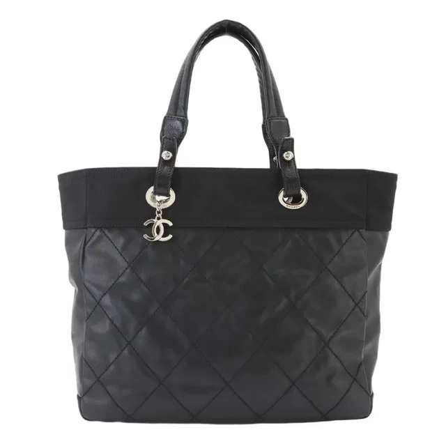 Chanel Paris Biarritz MM Tote Bag Canvas Nylon Black in Black Canvas from The Reluxe