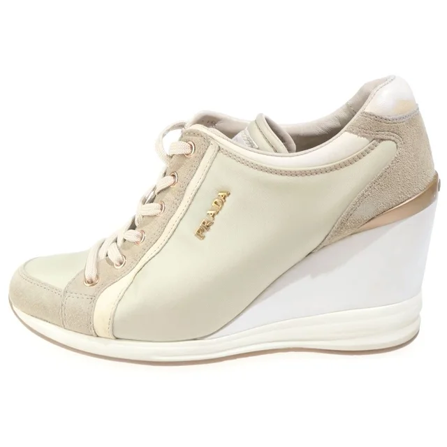 Prada Calzature Donna Wedge Sole Nylon Sneakers Suede Logo White Light in White Suede from The Reluxe