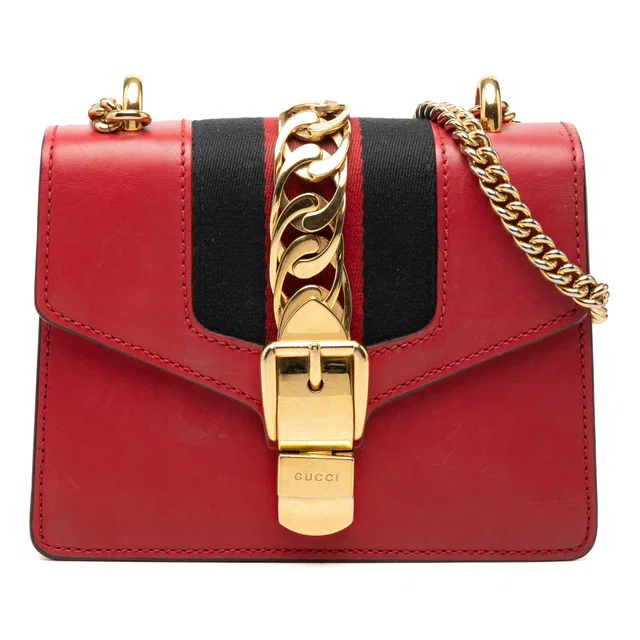 Red Gucci Mini Calfskin Web Sylvie Chain Satchel in Red Calfskin from Designer Revival