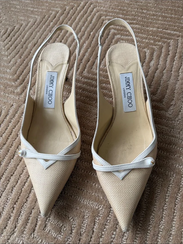 Jimmy Choo Cream Pointed-Toe Slingback Mules With Pearl Trim in white Woven leather from Poshmark