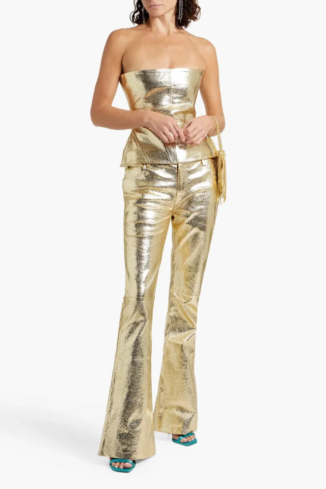 Retrofête Lunx Metallic Textured-Leather Flared Pants in Gold, photo 2 of 4 from THE OUTNET