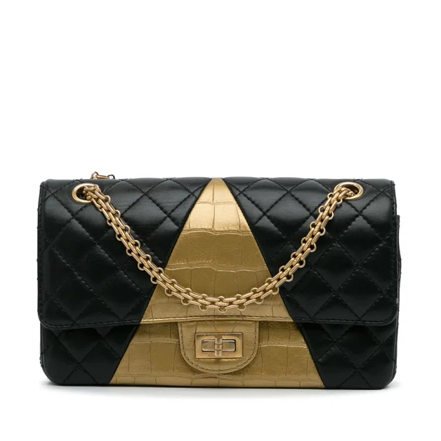 Black Chanel Medium Croc Embossed Lambskin 2.55 Reissue Double Flap Bag in Black Lambskin from Designer Revival