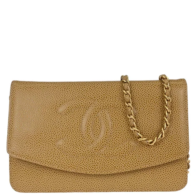 Chanel 2000-2002 Beige Caviar Skin Timeless WOC Wallet on Chain Shoulder Bag in Beige Caviar leather from AMORE Vintage Tokyo