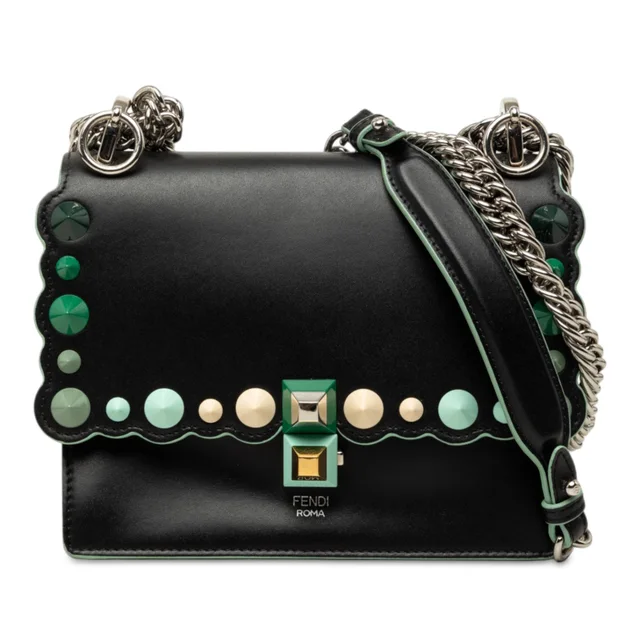 Black Fendi Mini Scalloped Leather and Acrylic Studs Kan I Crossbody in Black Leather from Designer Revival