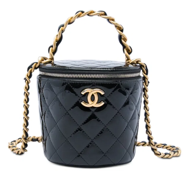Black Chanel Quilted Patent Afternoon Tea Top Handle Vanity Case with Chain Satchel in Black Patent leather from Designer Revival