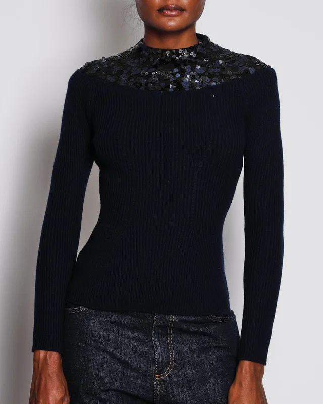 Dior Navy Knitted Cashmere Jumper with Sequin Trim Detail Size FR 38 (UK 10) in Navy Cashmere from Sellier