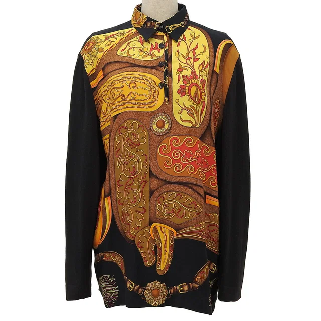 Hermès Silk Knit Combo Design Pattern Long Sleeve Shirt #L Black/Multi-color in Black Silk from VINTAGE QOO TOKYO