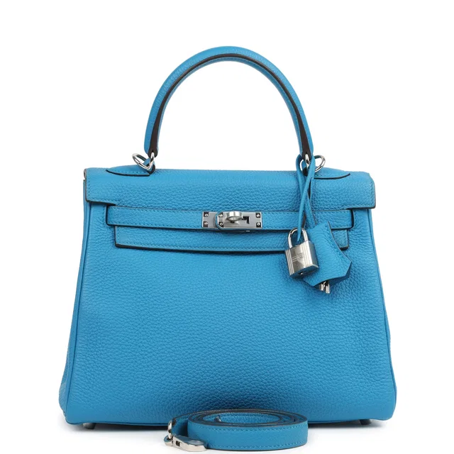 Hermès Kelly Retourne 25 Bleu Zanzibar Togo Palladium Hardware in Blue Togo leather from Madison Avenue Couture