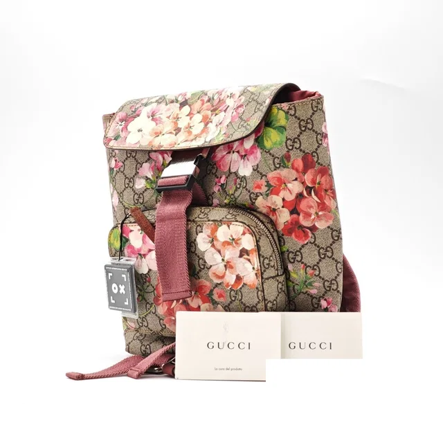 Gucci Backpack Diaper Bag Floral Pattern Cherry Blossom Beige Pink Multicolor in Beige Canvas from The Reluxe