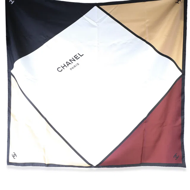 Chanel Ecru Beige Burgundy Black Silk Square Scarf in Black Silk from myGemma
