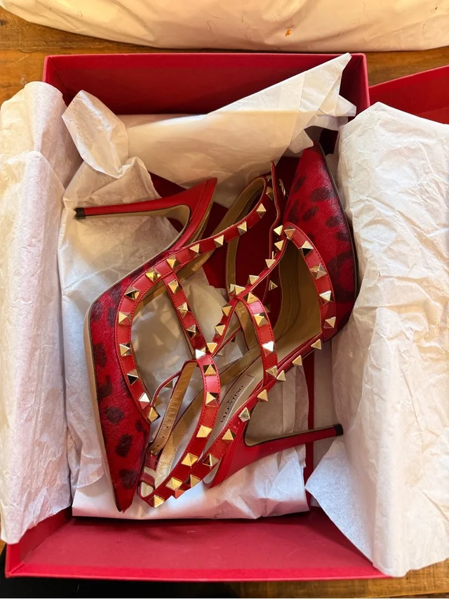 Valentino Garavani Red Leopard-Print Studded Strappy Pointed-Toe Heels in gold|red from Poshmark, photo 1 of 1