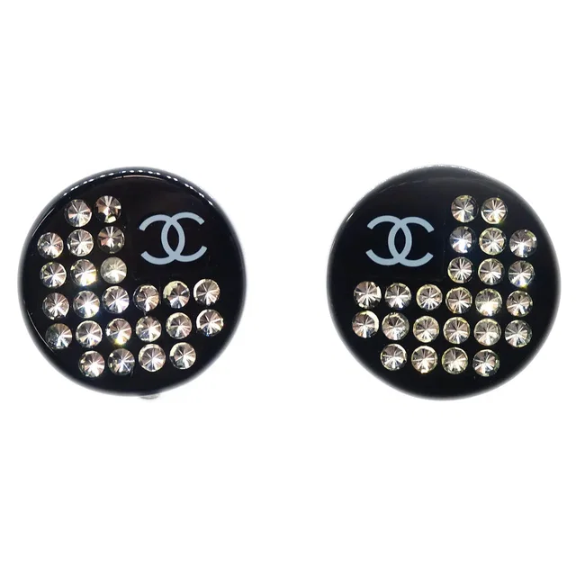 Chanel 2005 Button Earrings Clip-On Rhinestone Black 05P in Black Resin from AMORE Vintage Tokyo