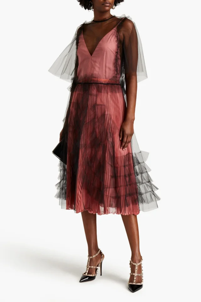 Valentino Garavani Ruffled Tulle and Plissé-Chiffon Midi Dress in Black, photo 2 of 4 from THE OUTNET