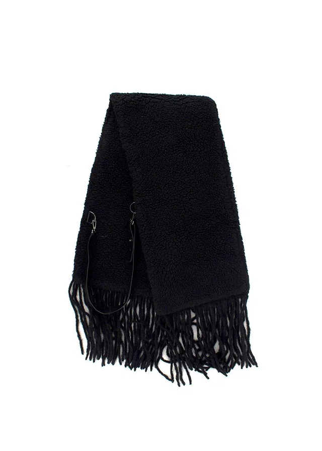 Max Mara Black Fleeced Scarf with Leather Strap in Black Leather from HEWI