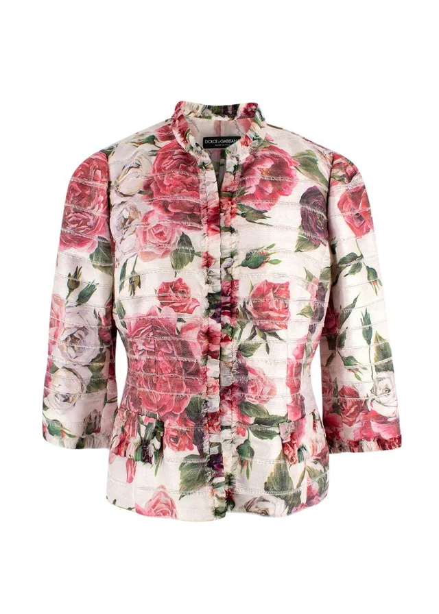 Dolce & Gabbana White Frayed Sliced Floral-print Gauze Jacket in White Silk from HEWI