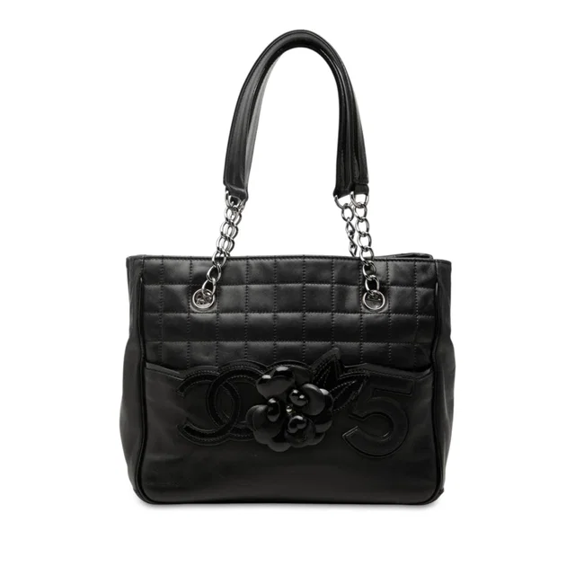 Black Chanel CC Choco Bar Lambskin Camellia No 5 Tote in Black Lambskin from Designer Revival