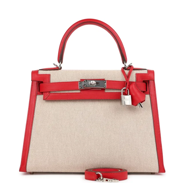 Hermès Kelly Sellier 28 Rouge De Coeur Swift and Beige-Ecru Toile H Canvas Palladium Hardware in Beige Swift leather from Madison Avenue Couture