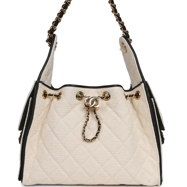 Chanel Small 25 Hobo Bag Ecru Canvas and Black Calfskin Gold Hardware in Black Calfskin from Madison Avenue Couture