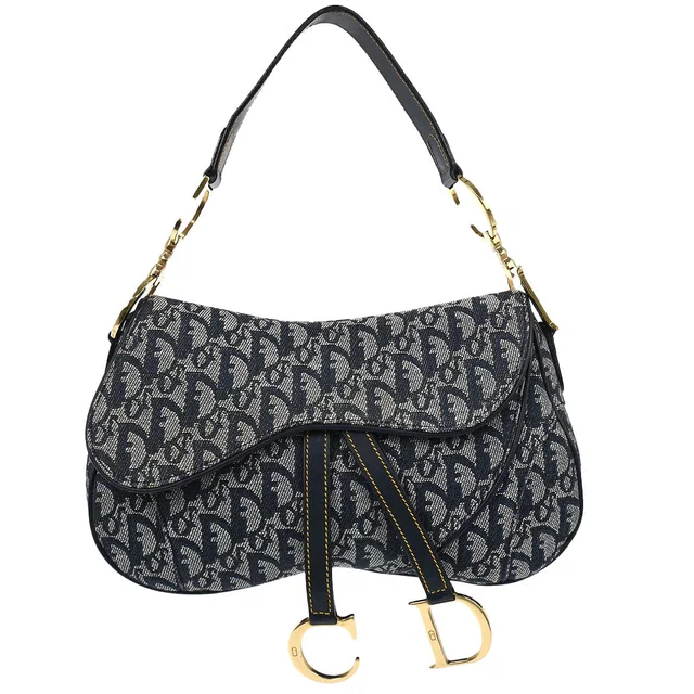 Dior Navy Trotter Double Saddle Handbag in Navy Canvas from AMORE Vintage Tokyo