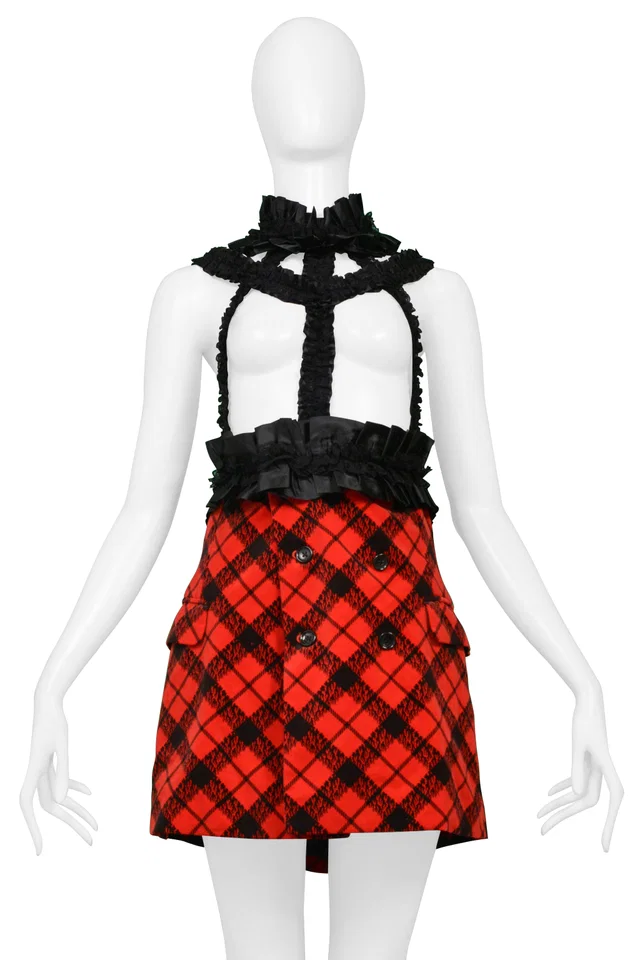 Comme des Garçons Red Velvet & Black Plaid Mini Dress With Ribbon Braces 2008 in Black Velvet from Resurrection Vintage
