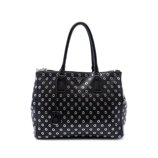 Black Prada Large City Calf Grommet Galleria Double Zip Satchel in Black Leather from Designer Revival