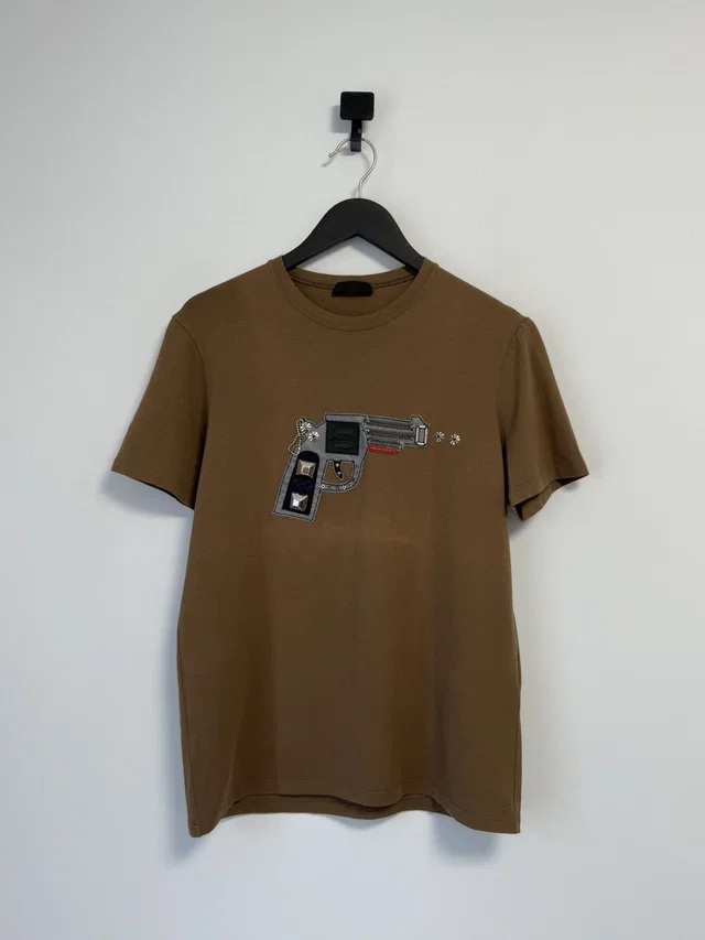 Prada T-Shirt Luxury Gun Logo Style in Brown, Men's (Size Large) in brown|red from Grailed