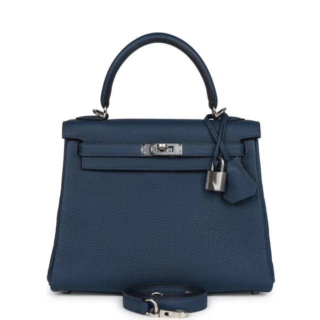 Hermès Kelly Retourne 25 Bleu De Prusse Togo Palladium Hardware in Blue Togo leather from Madison Avenue Couture