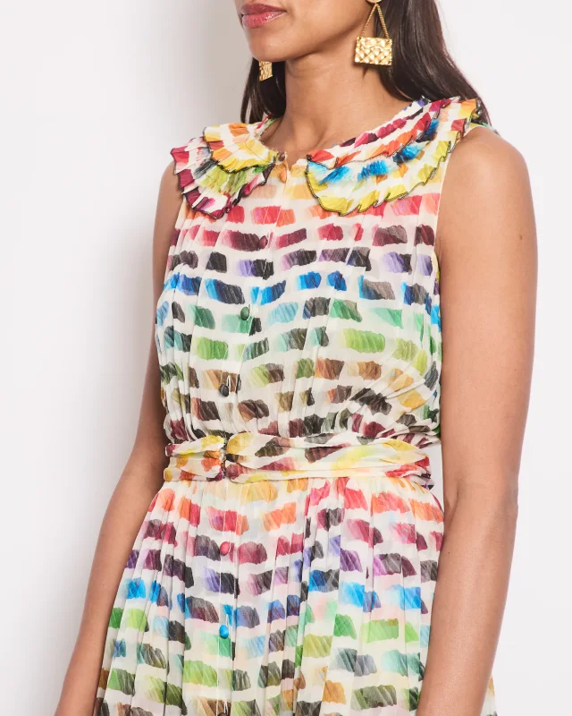 Chanel 2014 Runway Multicolour Pleated Sleeveless Dress with Pleated Collar and Belt Detail Size FR… from Sellier, photo 3 of 4
