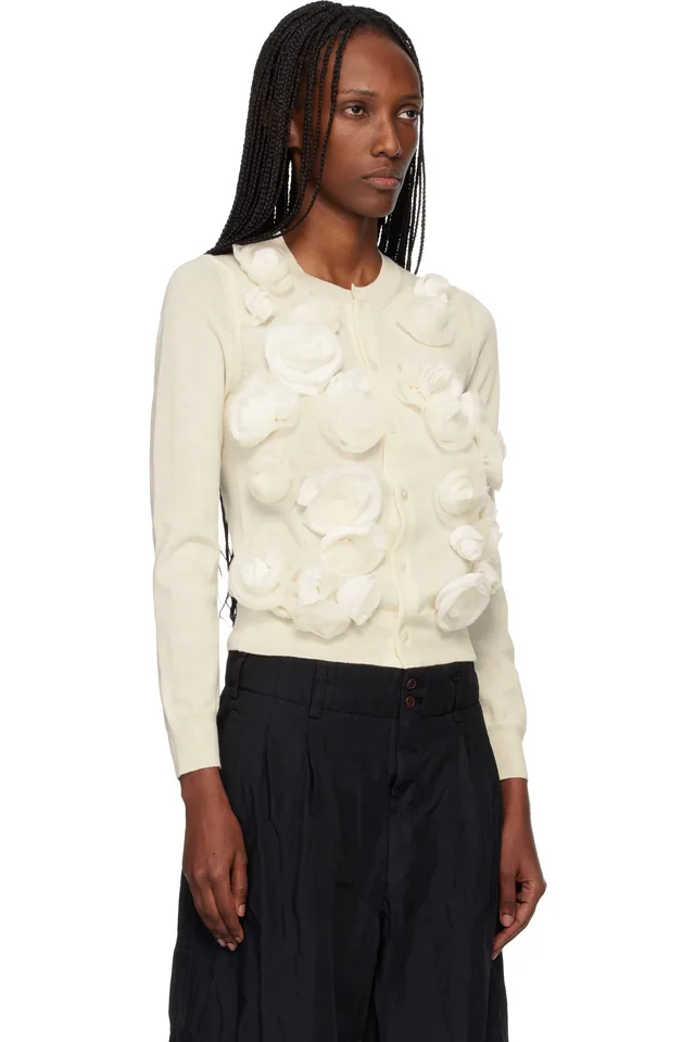 Comme des Garçons Comme des Garçons Off-White Lambswool Jersey X Flower Embroidery Cardigan, photo 2 of 4 from SSENSE