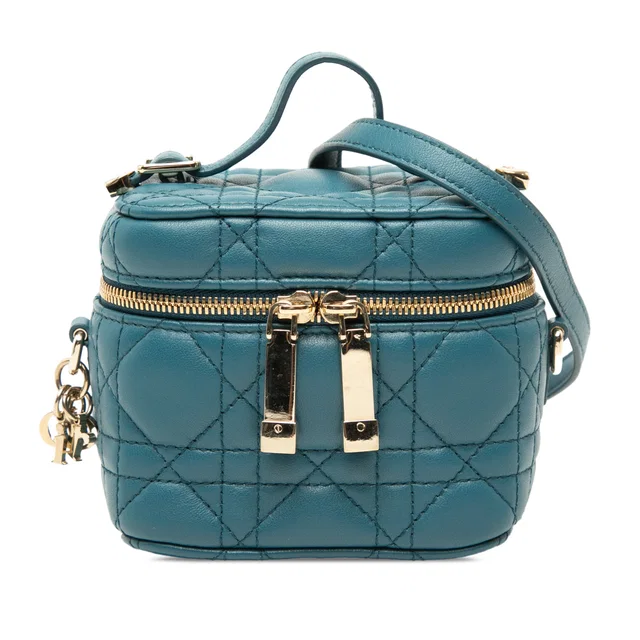 Blue Dior Micro Lambskin Cannage Lady Dior Vanity Case Satchel in Blue Lambskin from Designer Revival