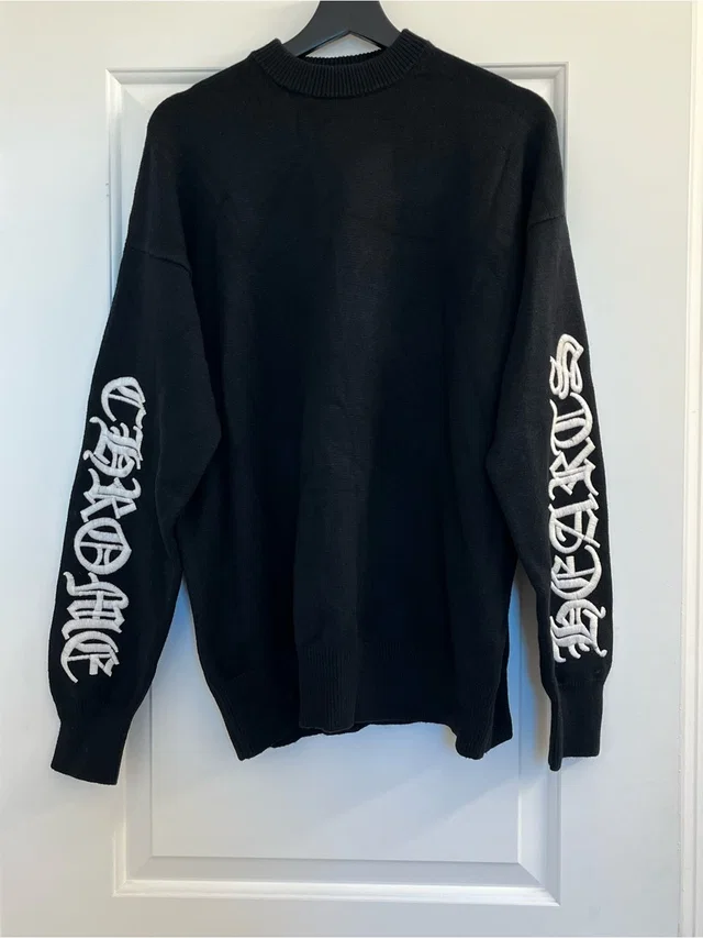 Chrome Hearts Black Crewneck Sweater With White Sleeve Script in white|black from Poshmark