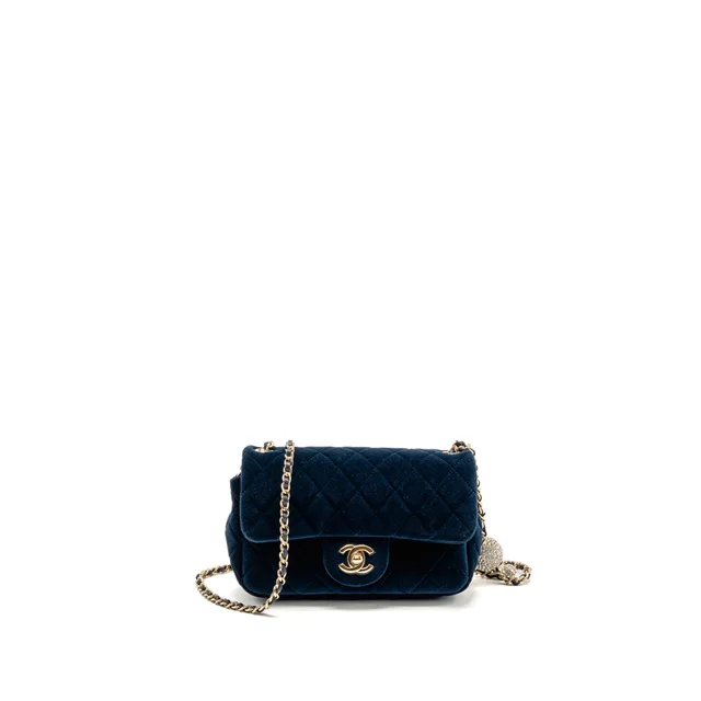 Chanel crystal pearl crush mini rectangular flap bag velvet navy blue LGHW in Navy Velvet from EMIER