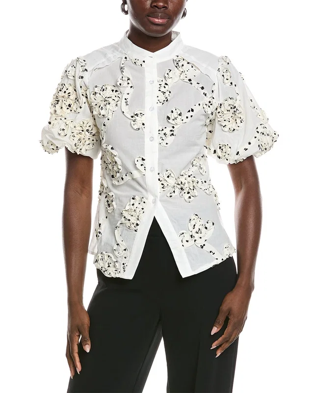 Gracia Front Body Floral Fabric Work Collar Top, image 1 of 1 from Gilt