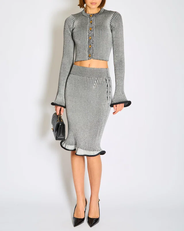 Louis Vuitton Grey Knitted Trumpet Cardigan Jacket with Matching Skirt Set Size XS (UK 6) in Grey Wool from Sellier