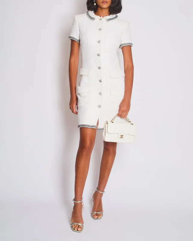 HOT* Chanel 20S White Tweed Short-Sleeve Mini Dress with Silver Buttons and Embellishments… in White Tweed from Sellier