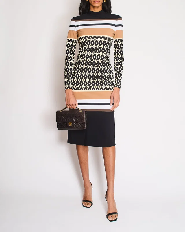 Valentino Garavani Black, Brown, and Cream Logo Pattern Striped Bodycon Midi Dress Size UK 8 in Black from Sellier