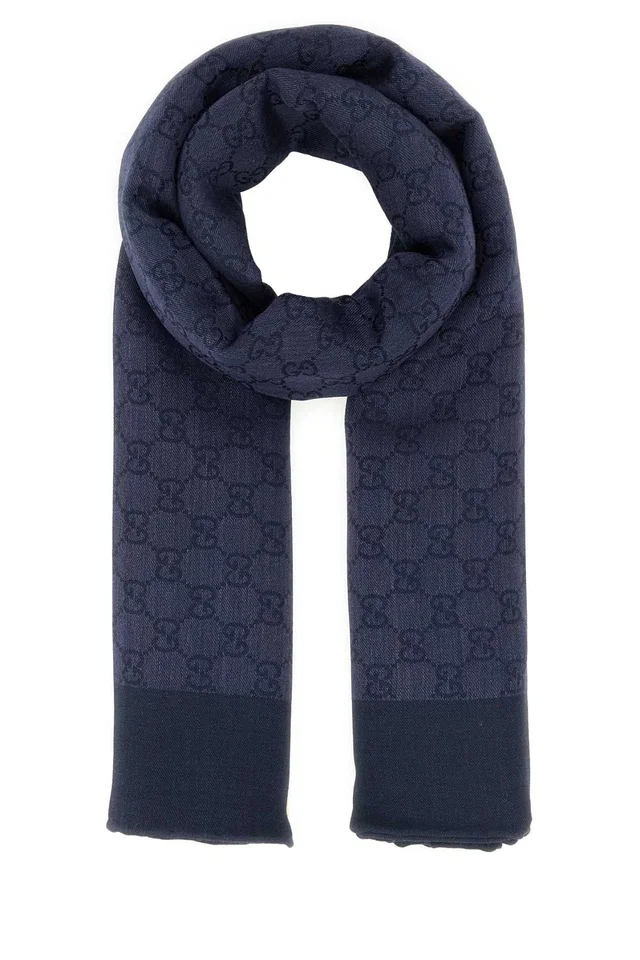 Gucci Logo Scarf — Navy Exterior: Wool Silk Scarfs in Navy Silk from HEWI