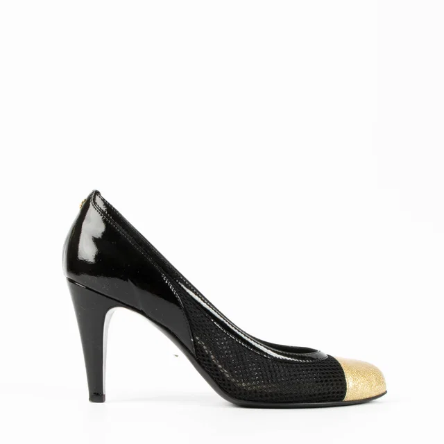 Chanel 10P Black/Gold Mesh Heels - Size 40 in Black Leather from Labellov