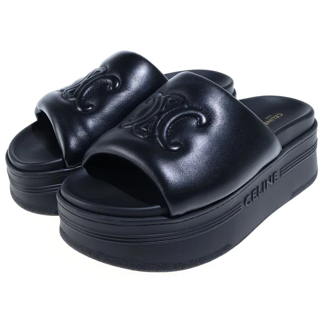 Celine Triomphe Sandals Black Leather Silicone Thick Sole in Black Leather from The Reluxe
